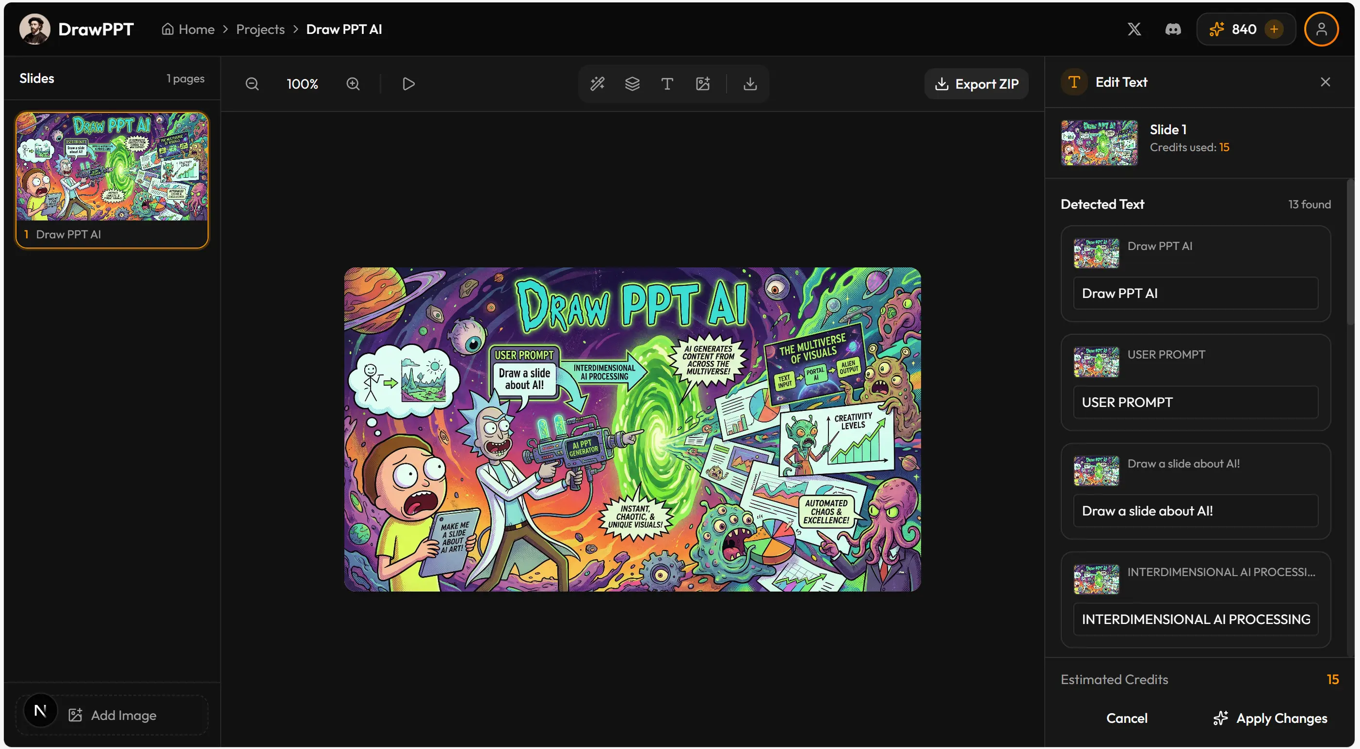 DrawPPT AI edit text feature for fixing slide content