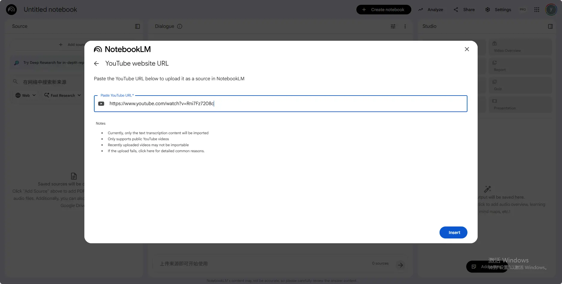Paste YouTube link in NotebookLM to extract video content